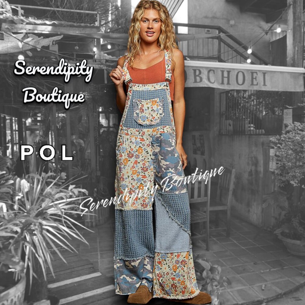 POL LAST ONE Boho Mixed Fabric Cotton Denim Floral Patch Suspender Strap Jeans - Picture 10 of 16